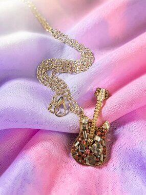 Betsey Johnson Pink and clear rhinestone Guitar Necklace~ Silver 20 in chain